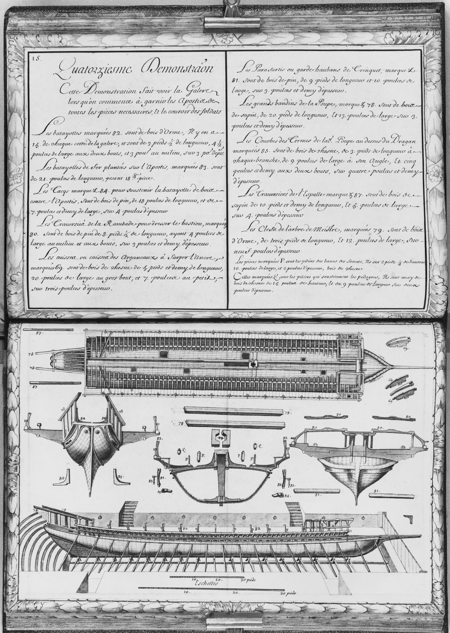 Construção de uma galera, décimo quarto demonstração, placa 15, ilustração de &39;demonstrações de todos os pedaços de madeira, cravo e ferro que entram na construção de uma cozinha ...&39; (penc de French School