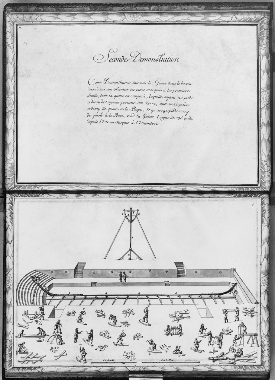 Construção de uma galera, segunda demonstração, placa 2, ilustração de &39;Demonstrações de todos os pedaços de madeira, cravo e ferremens que entram na construção de uma galera ...&39; (lápis e de French School