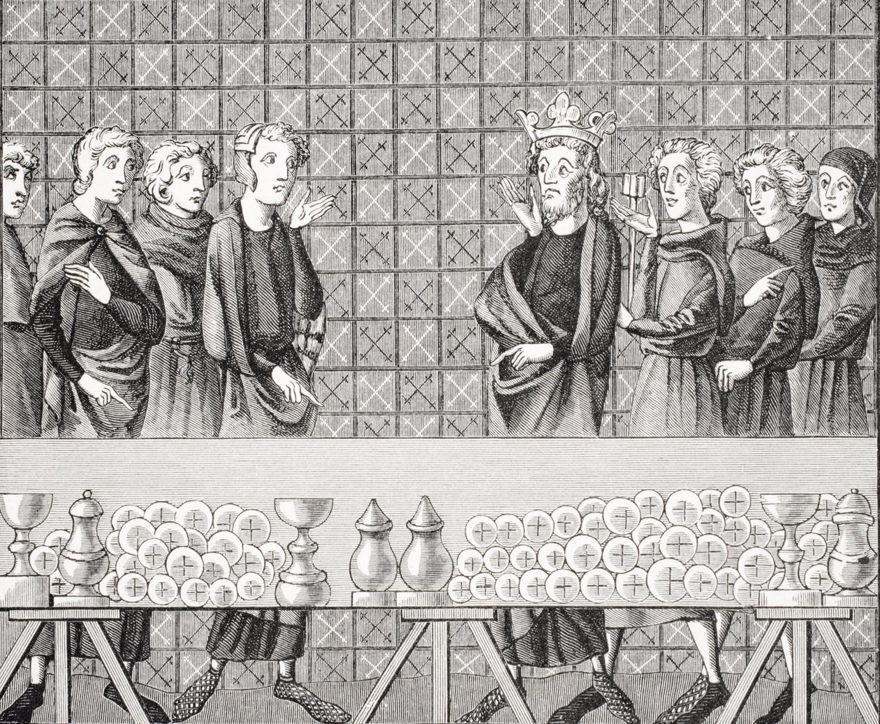 Cortesãos acumulando riquezas à custa dos pobres, depois de uma miniatura no manuscrito do século XIV "Tresor de Brunetto Latini", de "Le Moyen Age et La Renaissance" de Paul Lacroix (1806-84) publ de French School