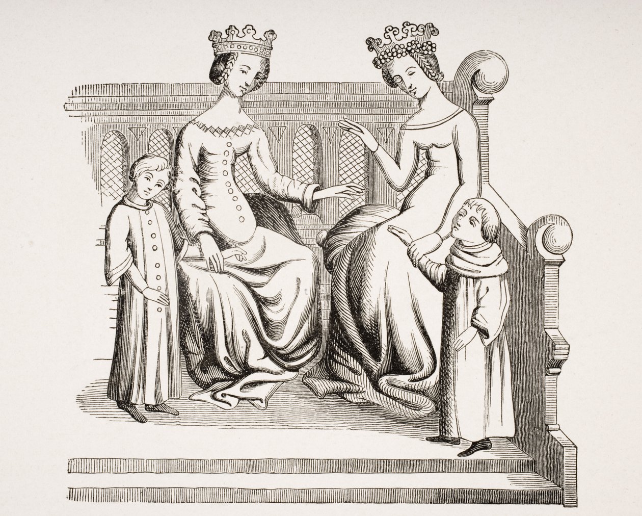 Vestido de nobres senhoras e crianças no século XIV, depois de uma miniatura em &39;Merveilles du Monde&39;, de &39;Le Moyen Age et La Renaissance&39; por Paul Lacroix (1806-84) publicado em 1847 de French School