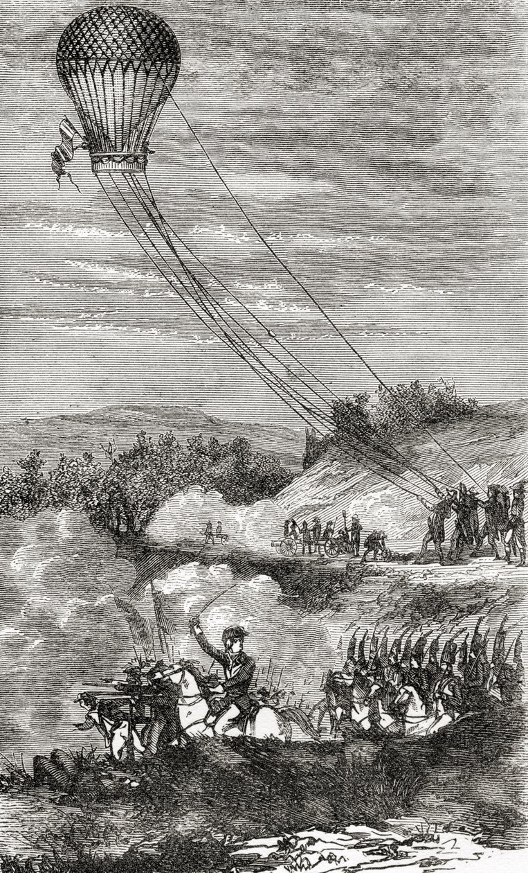 Emprego do balão de ar quente l&39;Entreprenant como um posto de reconhecimento, de "Wonderful Balloon Ascents ou the Conquest of the Skies", de Fulgence Marion, publicado em c.1870 de French School