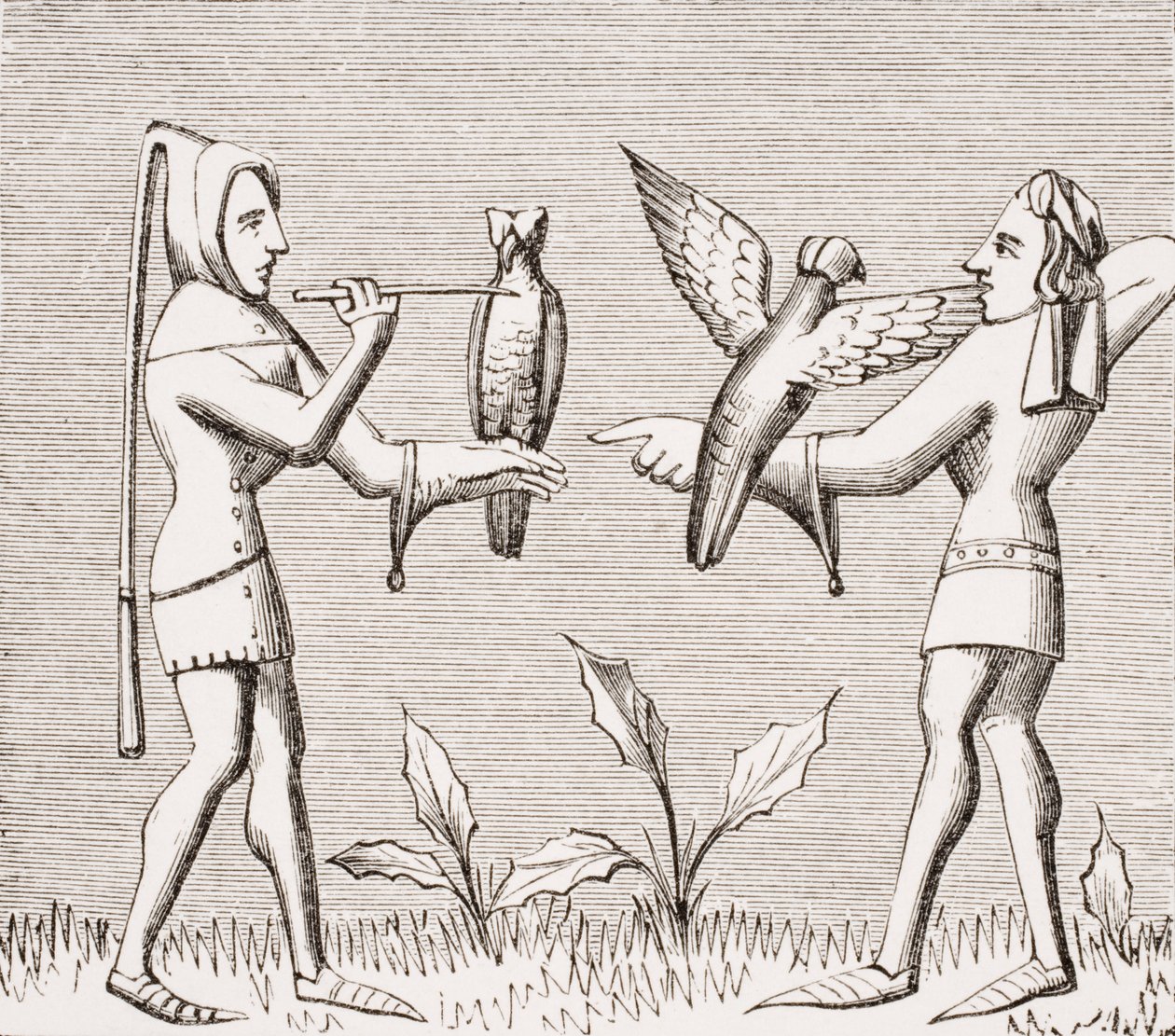 Falcoeiros que vestem suas aves, reprodução de uma miniatura no manuscrito do século XIV &39;Livre de Roy du Modus&39;, de Henri de Ferrieres, de &39;Le Moyen Age et La Renaissance&39;, de Paul Lacroix (1806-84) de French School