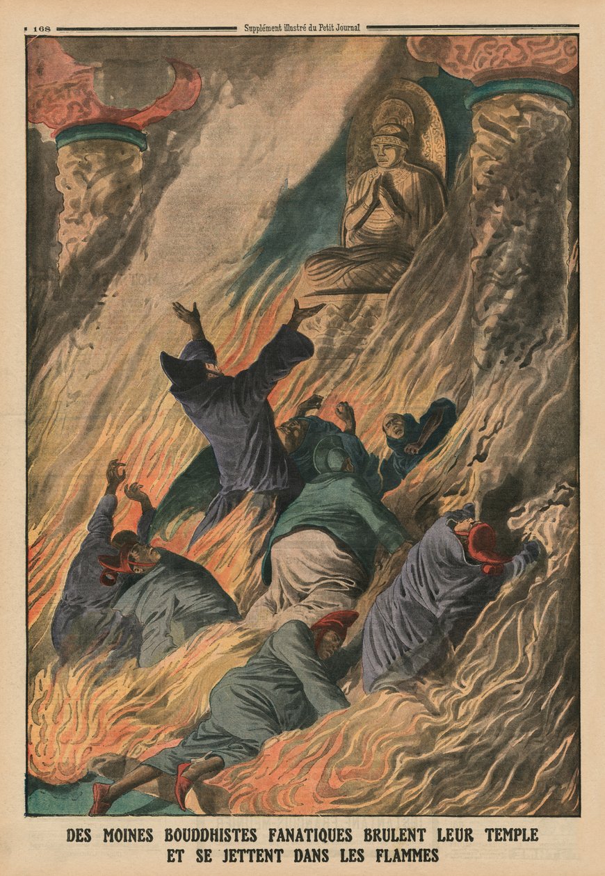 Monges fanáticos budistas atearam fogo ao seu templo e se jogaram nas chamas, Ilha de Formosa, ilustração de capa do "Le Petit Journal", suplemento ilustrado, 25 de maio de 1913 de French School