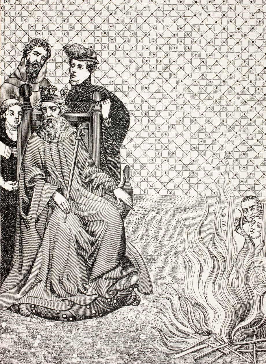 Seguidores de Amalric de Bena são queimados diante dos portões de Paris, sob as ordens do rei Filipe II Augusto, c.1208, de "Vida Militar e Religiosa na Idade Média" por Paul Lacroix, publicou Lon de French School