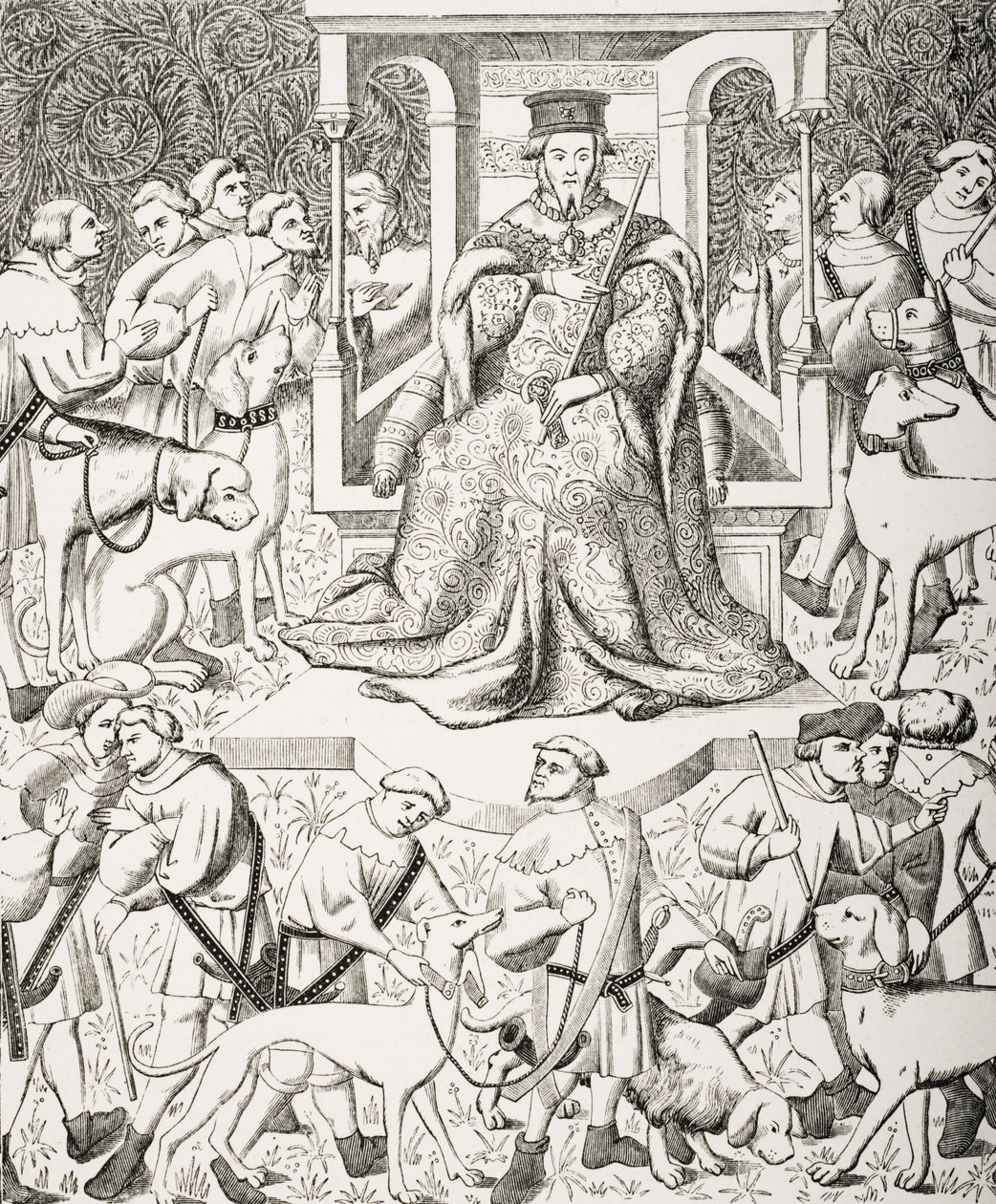 Gaston Phoebus (1331-1391) Ensinando a Arte de Venery ou Caça, depois de uma miniatura do século XV de Phoebus e seu Cajado Caçando Animais Silvestres e Aves de Rapina, de &39;Le Moyen Age et La Renaissance&39; de de French School