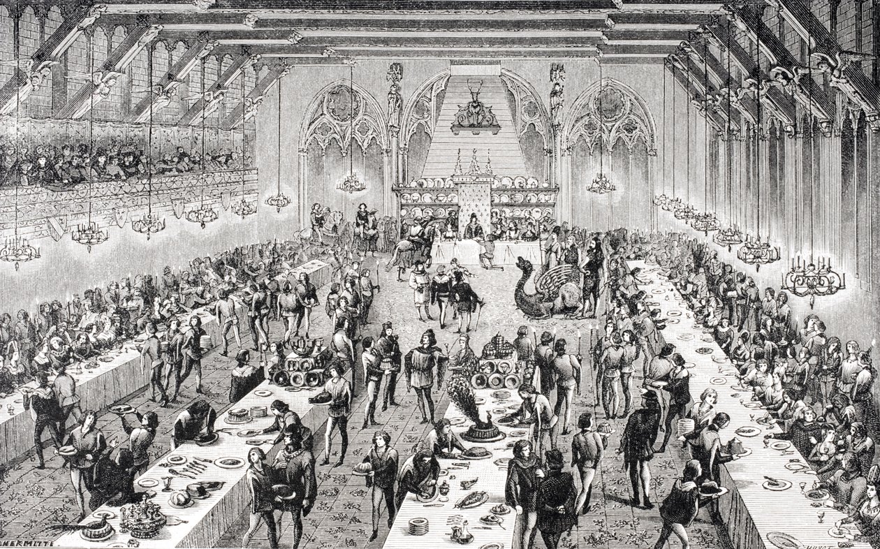 Grande Cerimonial Banquete no Tribunal Francês no século 14, a partir de uma gravura do século 19 em &39;Dictionnaire du Mobilier Francais&39; por M. Viollet-Leduc, de &39;Le Moyen Age et La Renaissance&39; por Pau de French School