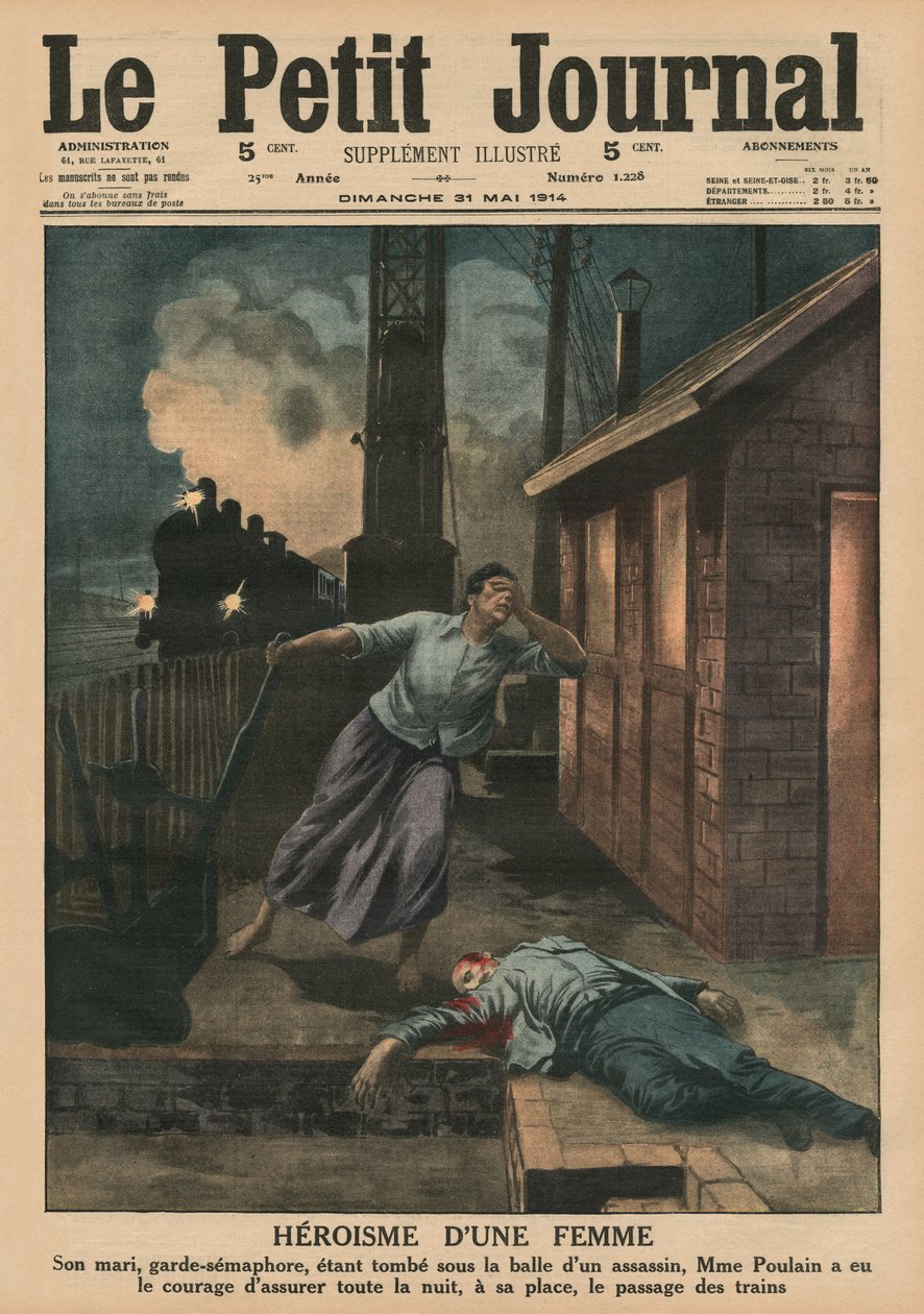 Heroísmo de uma mulher, seu marido, um guarda-redes baleado por um assassino, Madame Poulain tomou o seu lugar para os trens durante a noite toda, ilustração da capa do &39;Le Petit Journal&39;, supp de French School