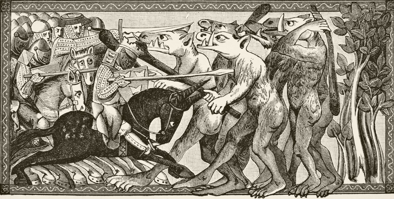 Como Alexandre se engajou em combate com homens tendo cabeças de cavalos e vomitando fumaça de suas bocas, de "Ciência e Literatura na Idade Média", de Paul Lacroix (1806-84), publicado em Londres, 1878 (li de French School