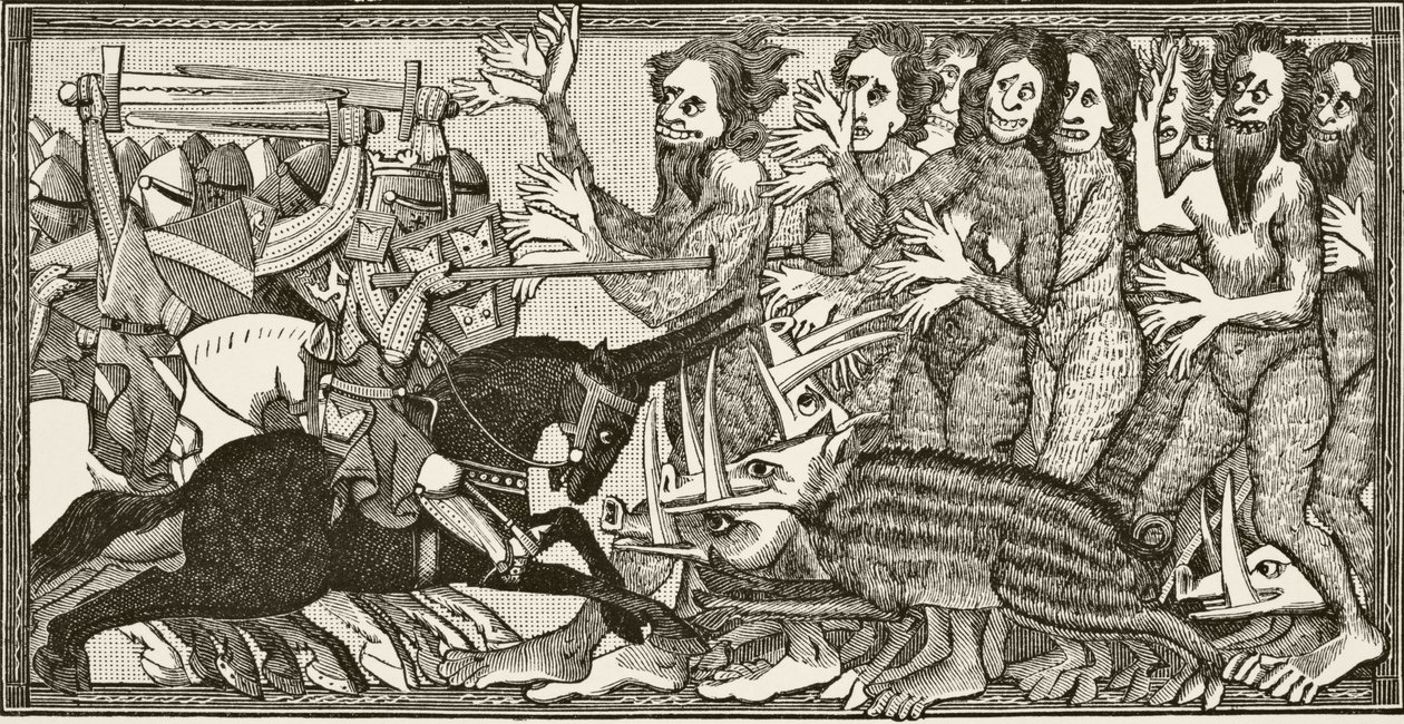 Como Alexandre se engajou em combate com porcos de dentes grandes, um côvado de comprimento e com homens e mulheres tendo seis mãos, de "Ciência e Literatura na Idade Média", de Paul Lacroix (1806-84), publicado de French School