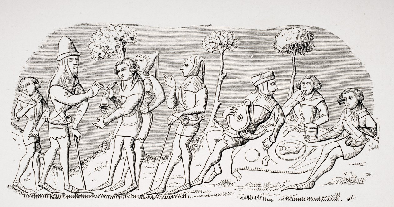 Refeição de caça, reprodução de um miniatuare no manuscrito do século 14 Livre de Roy du Modus, de Henri de Ferrieres, de &39;Le Moyen Age et La Renaissance&39;, de Paul Lacroix (1806-84), publicado em 1847 ( de French School