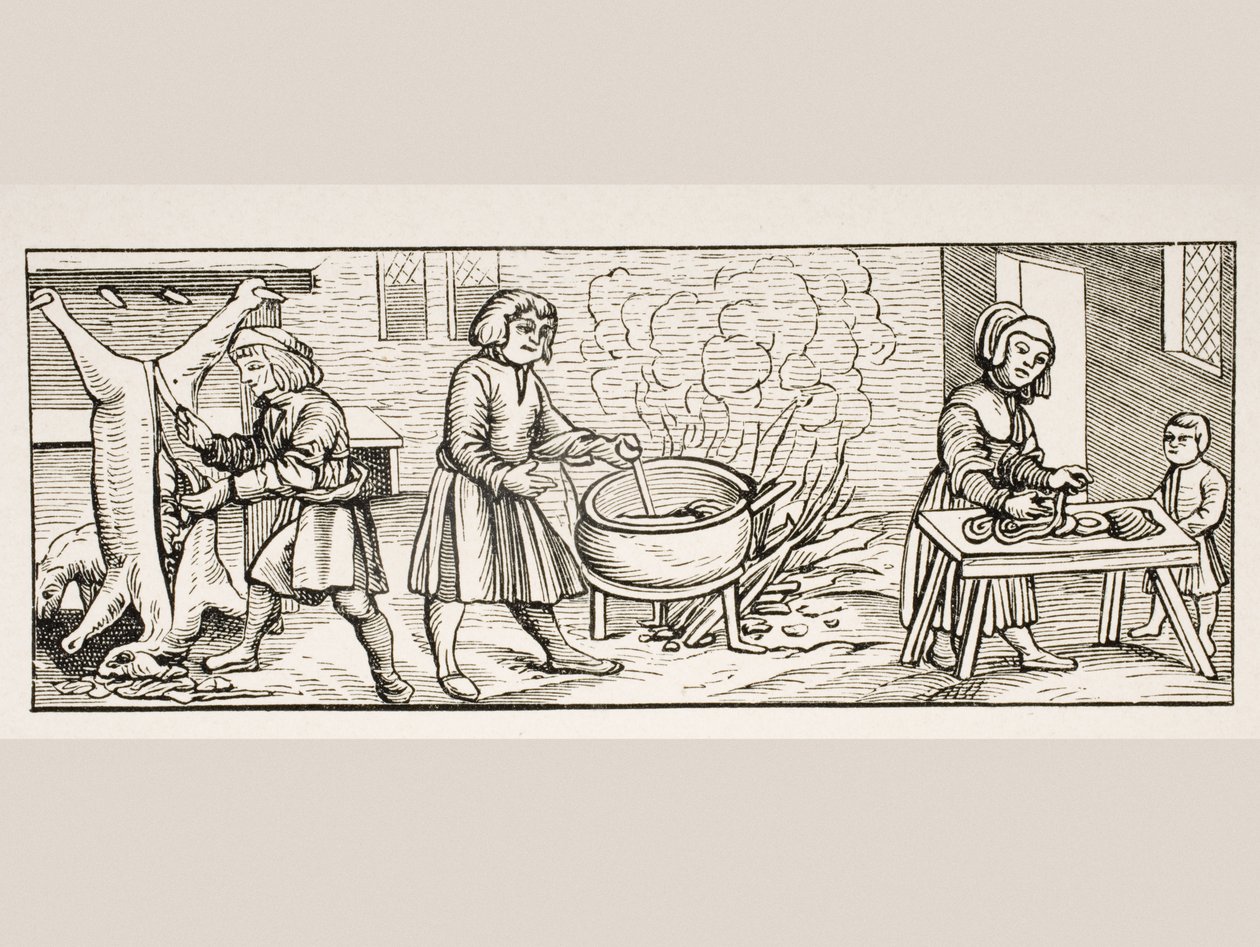 Interior de uma cozinha, após uma xilogravura em "Calendarium Romanum", de Jean Staeffler, impresso em Tubingen, Alemanha, 1518, de "Le Moyen Age et La Renaissance", de Paul Lacroix (1806-84), publicado em 1847 (lit de French School
