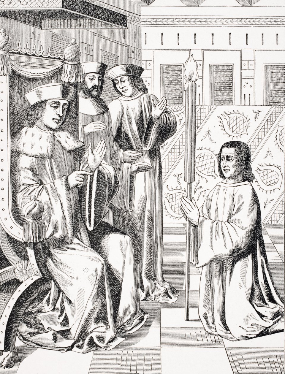 Jacques Coeur (c.1395-1456) em homenagem a Carlos VII (1403-66), cópia de uma miniatura do século XV nas "Crônicas de Monstrelet", de "A Idade Média e o Renascimento", de Paul Lacroix (1806-84) ) de French School