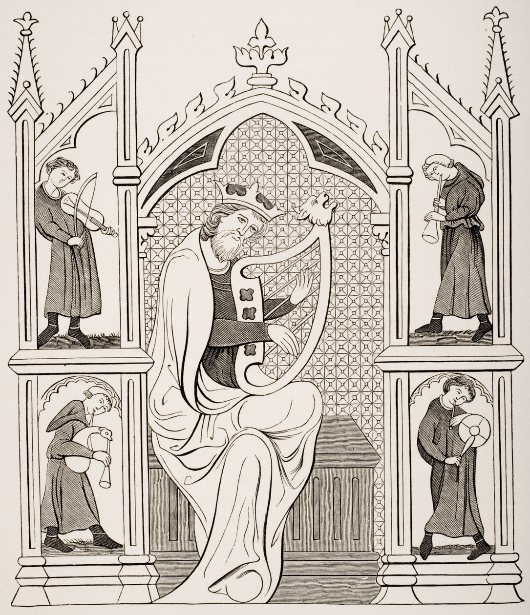 Rei David Tocando a Lira cercado por Quatro Músicos, depois de uma miniatura em um manuscrito de Saltério, de &39;Le Moyen Age et La Renaissance&39;, de Paul Lacroix (1806-84), publicado em 1847 de French School