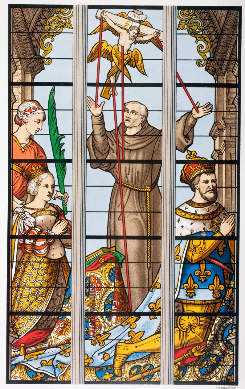 Rei François da França e sua esposa Eleonore rezando, de um vitral do século XVI na igreja Saint Gudule, em Bruxelas, de &39;Les Arts au Moyen Age&39;, publicado em 1873 de French School