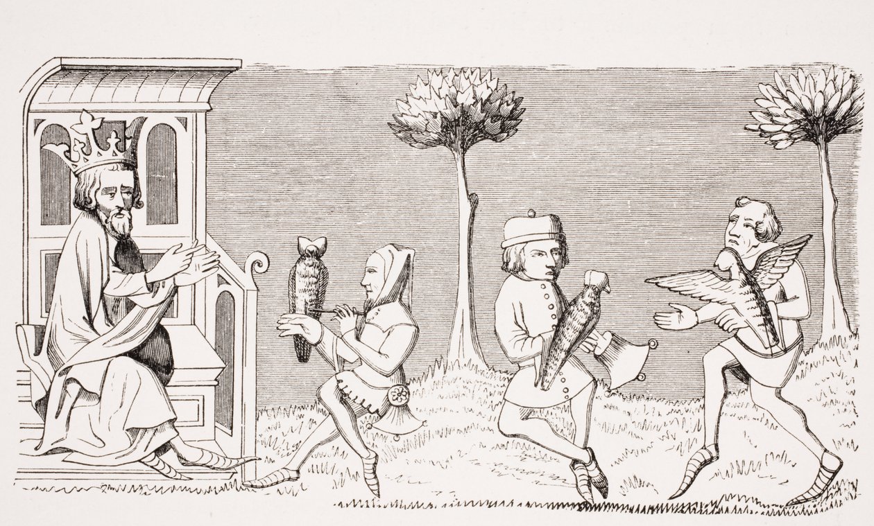 Rei Modus ensinando a arte da falcoaria, reprodução de uma miniatura no manuscrito do século XIV &39;Livre de Roy du Modus&39; de Henri de Ferrieres, de &39;Le Moyen Age et La Renaissance&39; por Paul Lacroix de French School