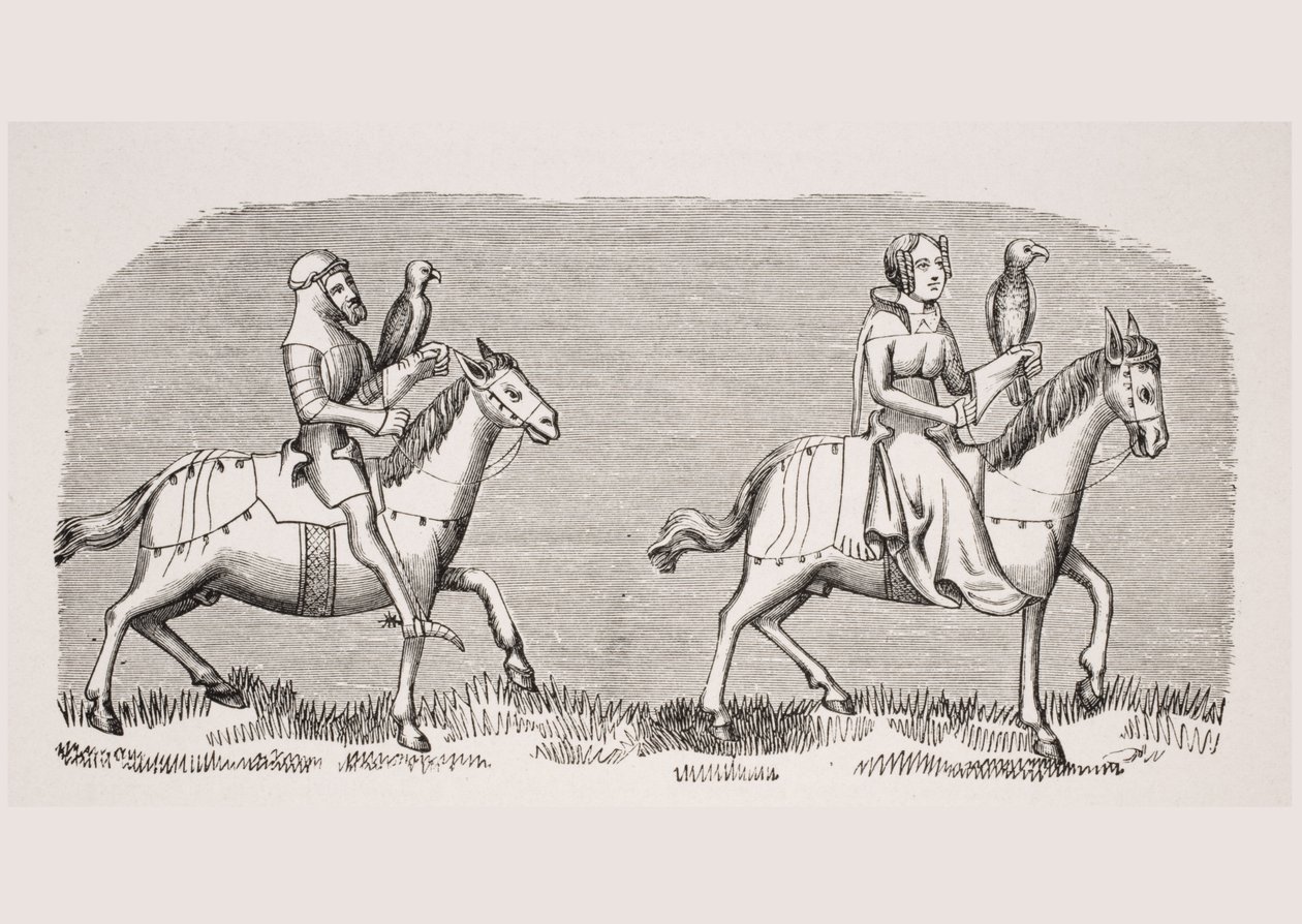 Lady apresentando falcoaria, reprodução de uma miniatura no manuscrito do século 14 &39;Livre de Roy du Modus&39; por Henri de Ferrieres, de &39;Le Moyen Age et La Renaissance&39; por Paul Lacroix (1806-84) publ de French School