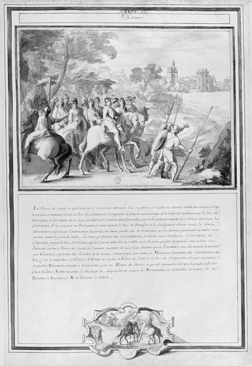 Luís II de Bourbon (1621-1686) Príncipe de Conde com seu irmão, Armand de Bourbon (1629-1666) Príncipe de Conti e Henri II de Longueville (1595-1663) Duque de Estouteville Montando a Vincennes, 18 de janeiro de French School