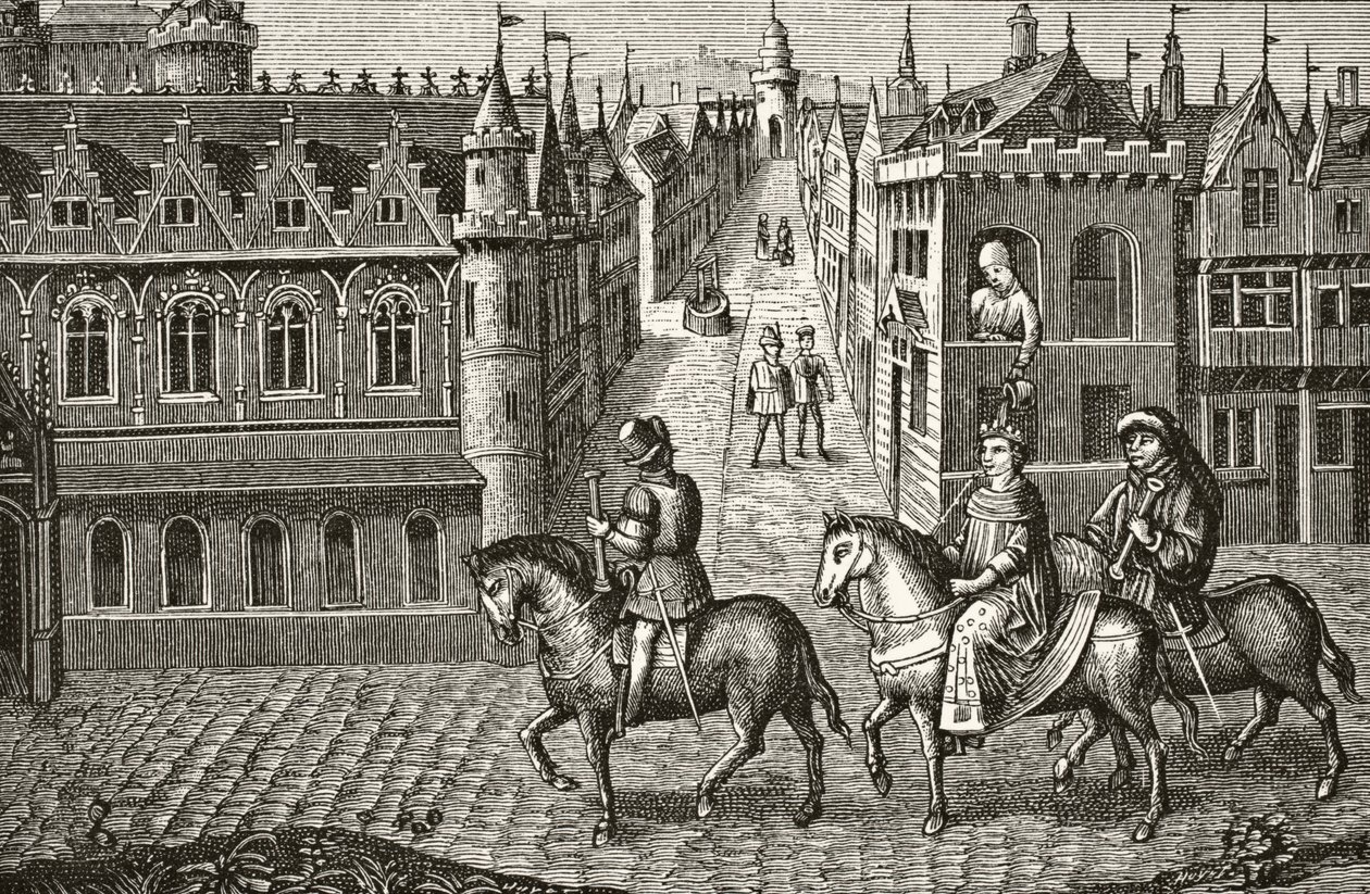 Luís IX tem um pote de urina derramado sobre ele por um estudante enquanto ele cavalga para a igreja em Paris, de "Ciência e Literatura na Idade Média", de Paul Lacroix (1806-84), publicado em Londres, em 1878. de French School
