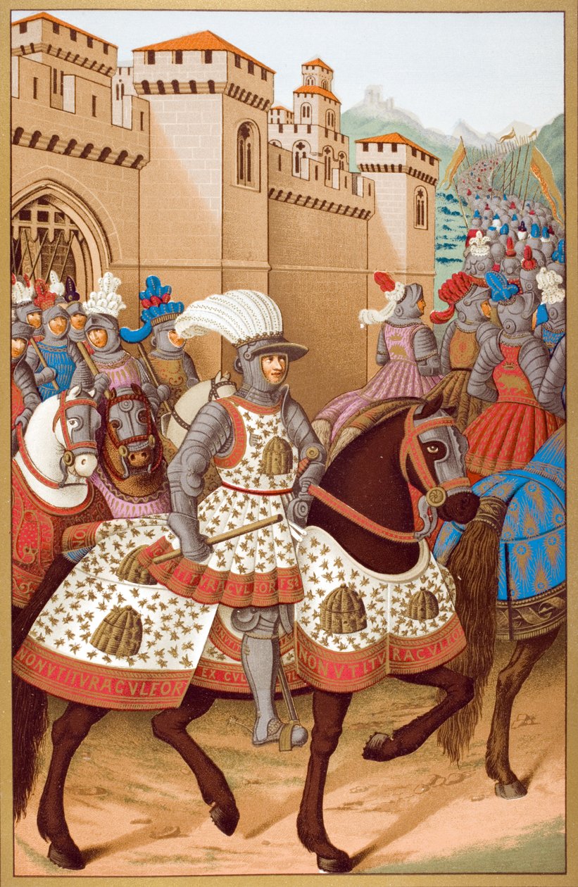 Luís XII (1462-1515) e seu exército Leaving Alexandria, 24 de abril de 1507, após uma miniatura de Jean Marot (1619-79), de "Le Moyen Age et La Renaissance", de Paul Lacroix (1806-64), publicada em 1847 (cor l de French School