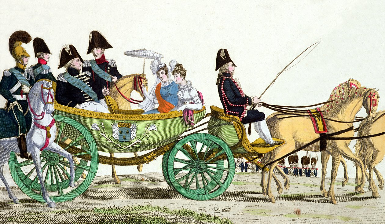 Luís XVIII (1755-1824) e sua família Revendo as Tropas Reais no Champ de Mars, 20 de junho de 1814, o dia da bênção das bandeiras da Garde Royale de French School