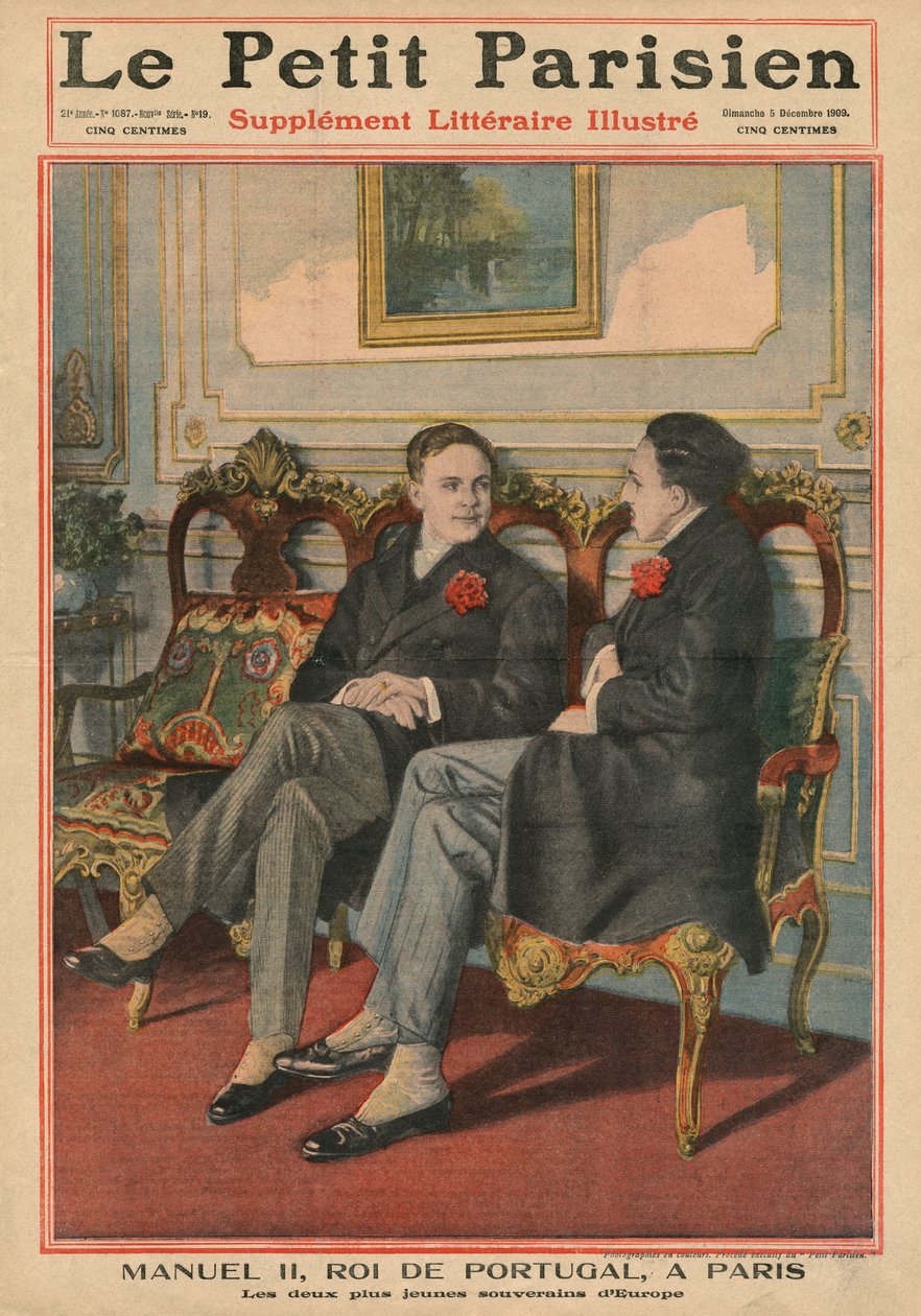Manuel II, rei de Portugal, em Paris com Alfonso XIII, rei de Espanha, os dois soberanos mais jovens da Europa, ilustração da capa do &39;Le Petit Parisien&39;, supplemnet litteraire illustre, 5th De de French School