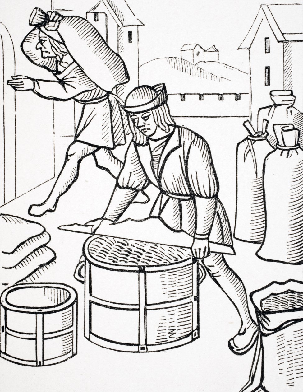 Medidores de Milho em Paris, depois de uma xilogravura de "Ordens Reais Relativas à Jurisdição da Companhia de Mercadores e da Shrievalty na Cidade de Paris", publicado em 1578, de "Le Moyen Age et La Re de French School