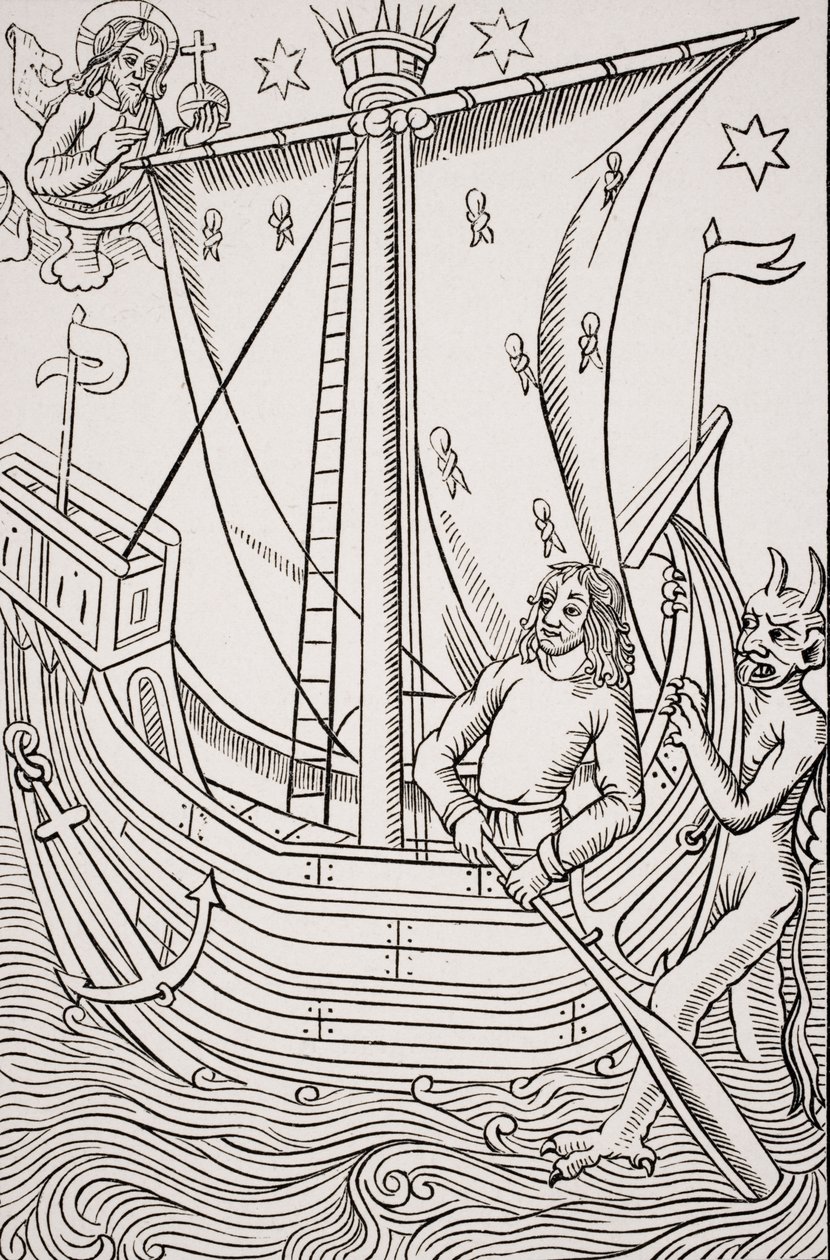 Navio Mercante em uma Tempestade, fac-símile de uma xilogravura em "Grande Kalendrier e Compost of the Shepherds", de Nicolas de Rouge, impresso c.1490, de "A Idade Média e o Renascimento", de Paul Lacroix (1806-84) de French School