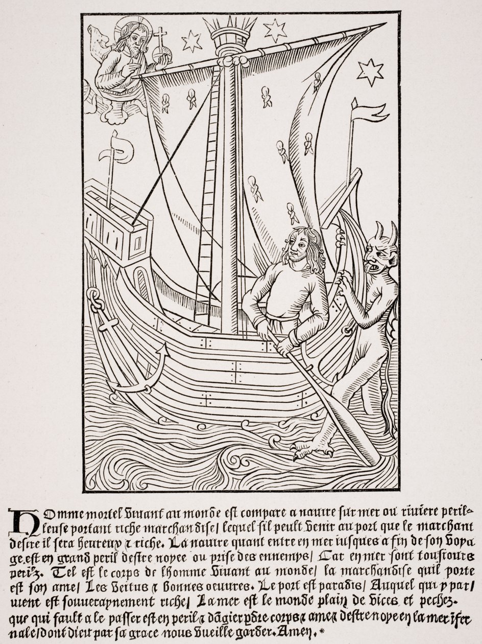 Navio Mercante em uma Tempestade, fac-símile de uma xilogravura em "Grande Kalendrier e Compost of the Shepherds", de Nicolas de Rouge, impresso c.1490, de "A Idade Média e o Renascimento", de Paul Lacroix (1806-84) de French School