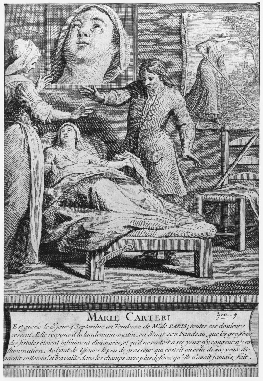 Cura milagrosa de uma mulher cega, Marie Carteri, no túmulo do diácono François de Paris, no cemitério paroquial de Saint-Medard, em Paris, gravado por Pieter Yver (1712-1787) 1737 de French School