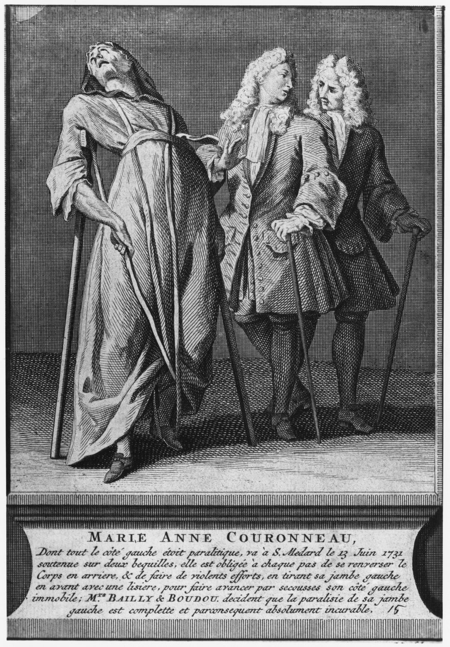 Cura milagrosa de um paralítico, Marie-Anne Couronneau, no túmulo do diácono François de Paris, no cemitério paroquial Saint-Medard, em Paris, 13 de junho de 1731, gravado por Pieter Yver (1712-1787) 1737 ( de French School