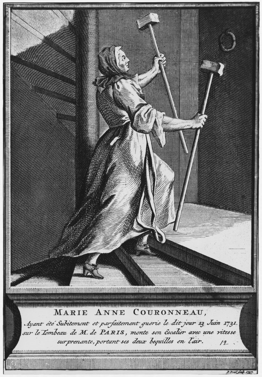 Cura milagrosa de um paralítico, Marie-Anne Couronneau, no túmulo do diácono François de Paris, no cemitério paroquial Saint-Medard, em Paris, 13 de junho de 1731, gravado por Pieter Yver (1712-1787) 1737 ( de French School