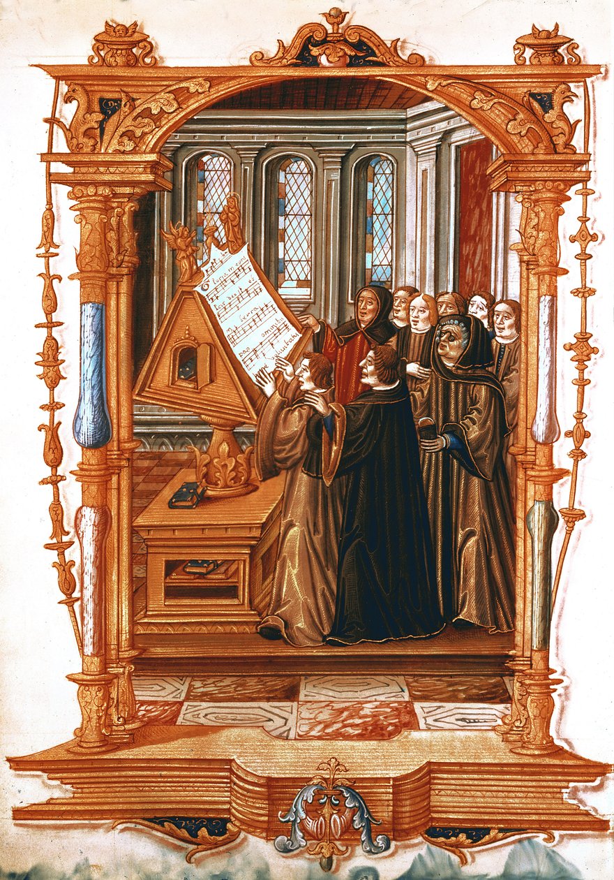 Fr. 1537f.58v Ilustração de "Canções reais sobre o desenho da coroa de Puy de Rouan", representando o coral cantando a Gloria, conduzido por Jean Ockeghem (1410-97), 1519-26 de French School