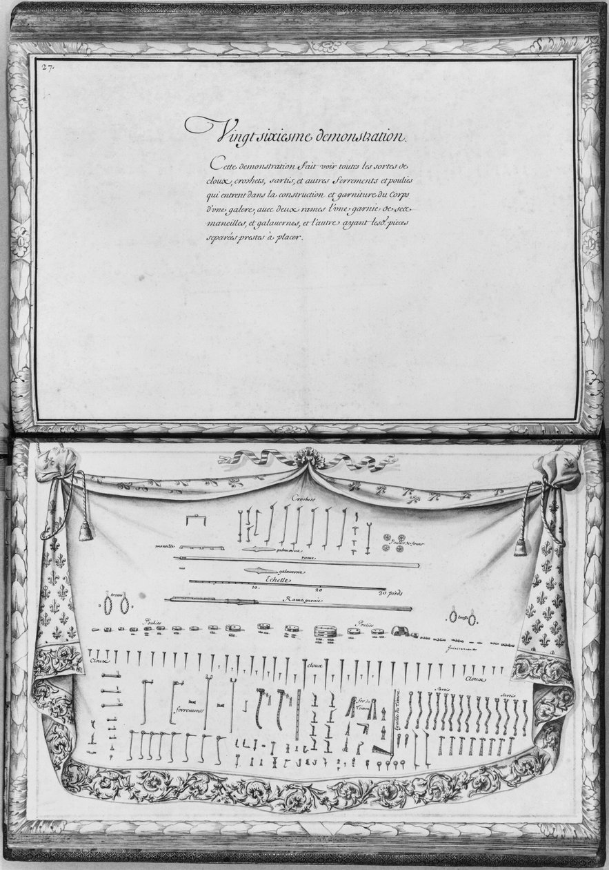 Pregos, ganchos, polias e acessórios de ferro necessários para a construção de uma galera, vigésima sexta demonstração, placa 27, ilustração de &39;Demonstrações de peças de madeira de bois, cloux e ferremens qui entrent d de French School
