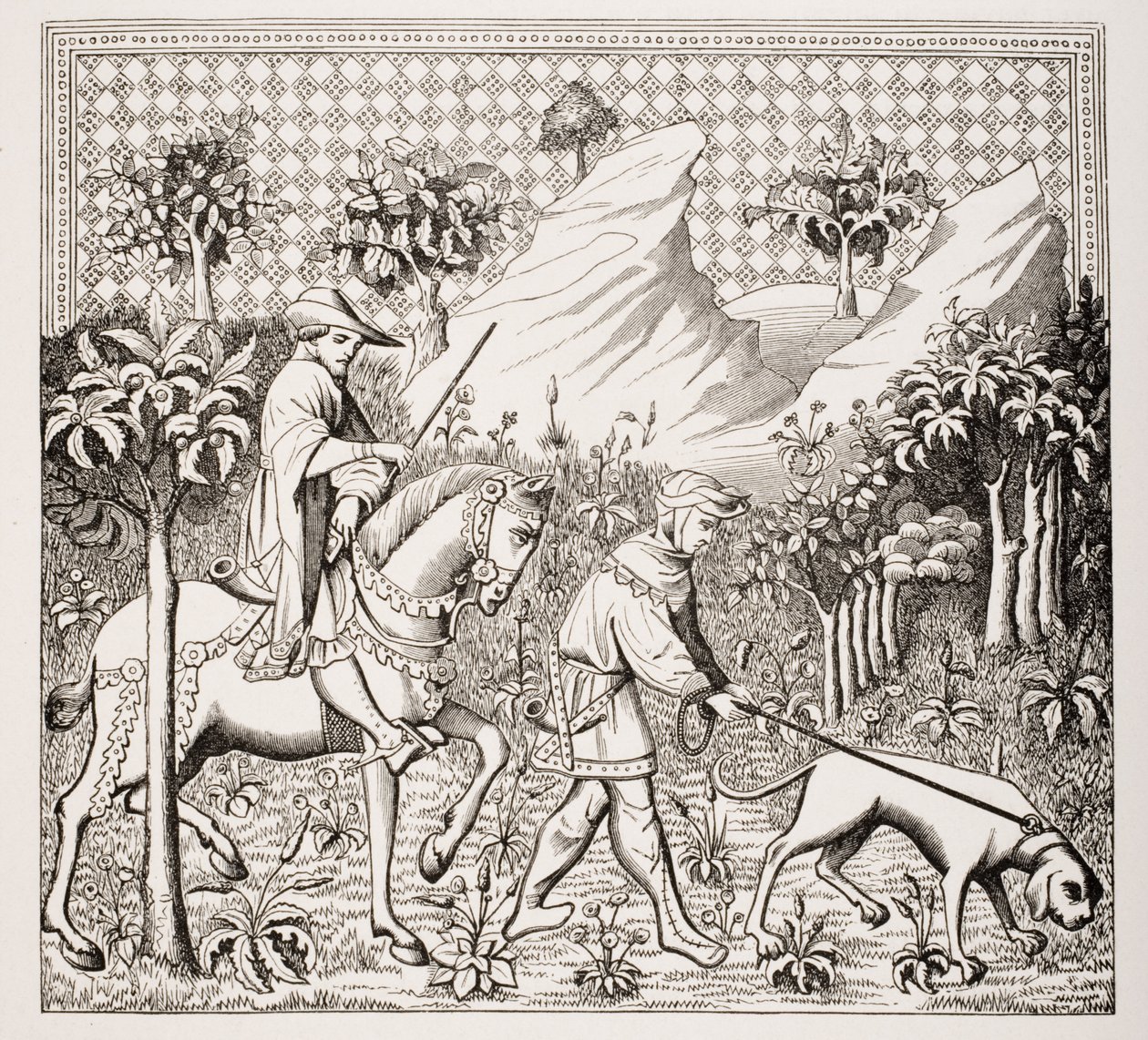 Nobre em traje de caça com seu servo e cão, depois de uma miniatura do século 15 em &39;Des Deduits de la Chasse des Bestes Sauvages&39; por Gaston Phoebus, de &39;Le Moyen idade et La Renaissance&39; por Paul de French School