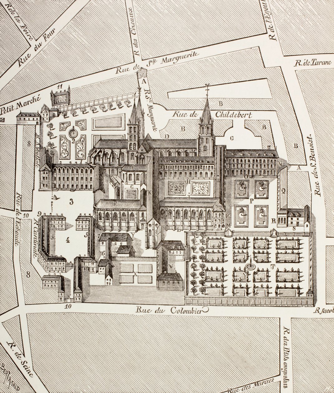 Vista norte da Abadia Beneditina de St. Germain-des-Prés, Paris, como existia no século XVII, de "A Vida Militar e Religiosa na Idade Média", de Paul Lacroix, publicada em Londres, c.1880 (l de French School
