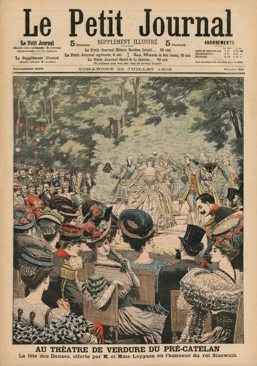 Teatro ao ar livre no Pré-Catelan, Festival de Dança apresentado por Georges Leygues em homenagem a Sisowath, rei do Camboja, ilustração da capa do &39;Le Petit Journal&39;, suplemento ilustrado, 22 de julho de French School