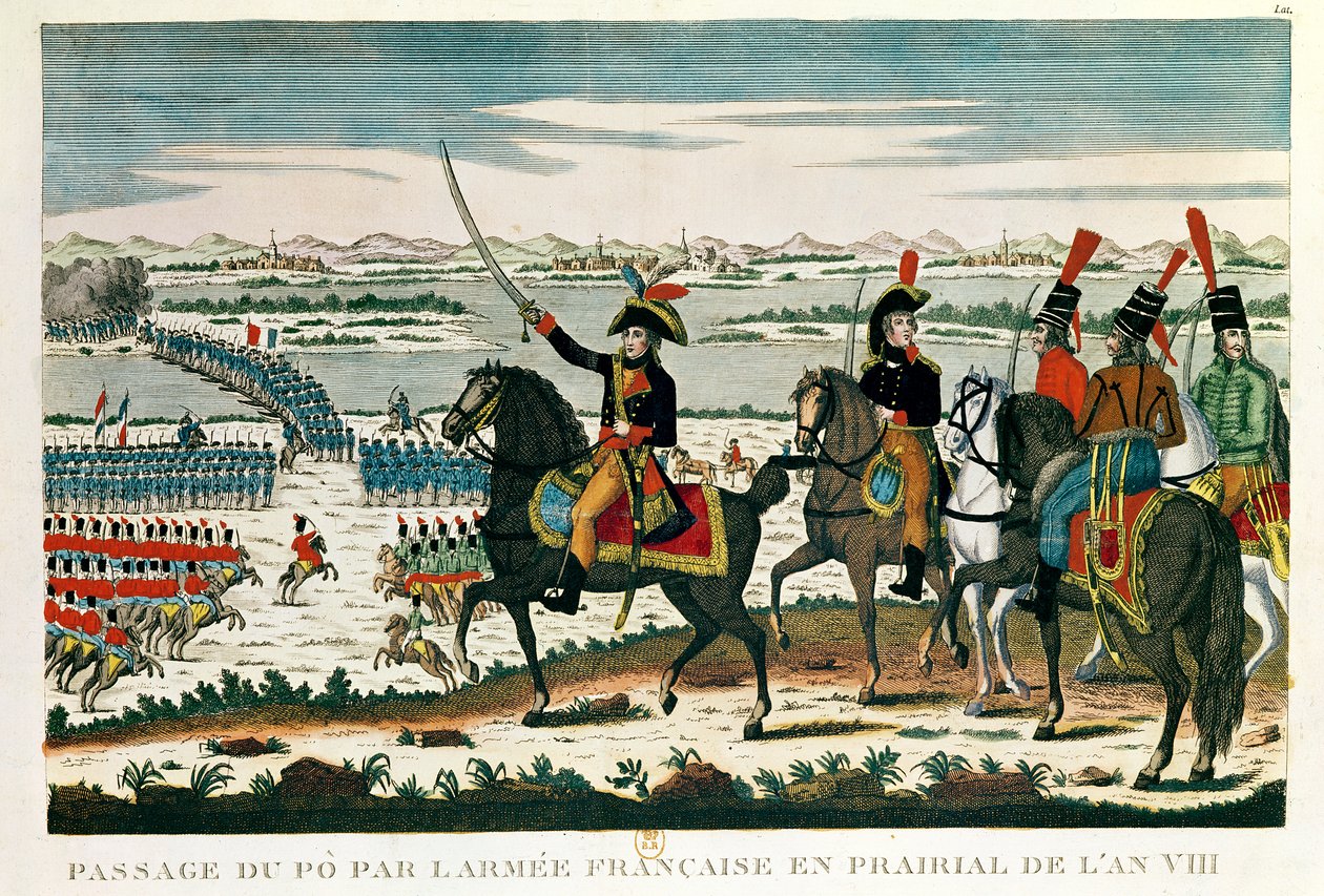 Passagem para Po, antes da Batalha de Marengo, Prairial, Ano VIII (gravura colorida) de French School