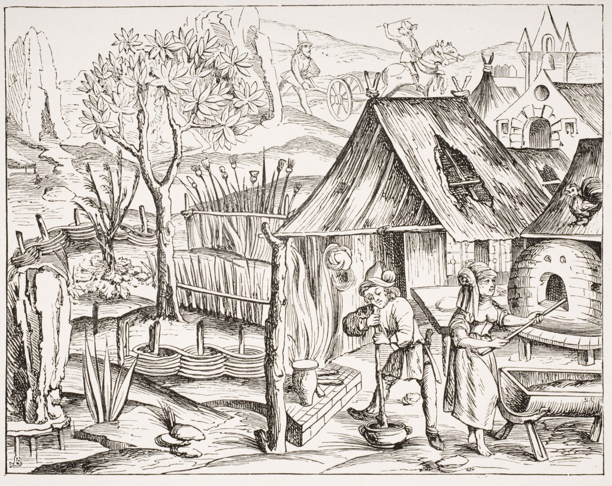 Camponeses que cultivam grãos e fabricam cevada e pão de aveia, depois de uma xilogravura de uma edição de Virgílio publicada em Lyon, 1517, de &39;Le Moyen Age et La Renaissance&39; por Paul Lacroix (1806-84) p de French School