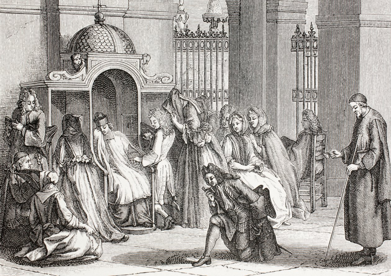 Pessoas na igreja reuniram-se em torno do padre, esperando para fazer sua confissão, depois de um trabalho de Bernard Picart, de &39;XVIII Siècle Institutions, Usages et Costumes&39;, publicado em 1875 de French School
