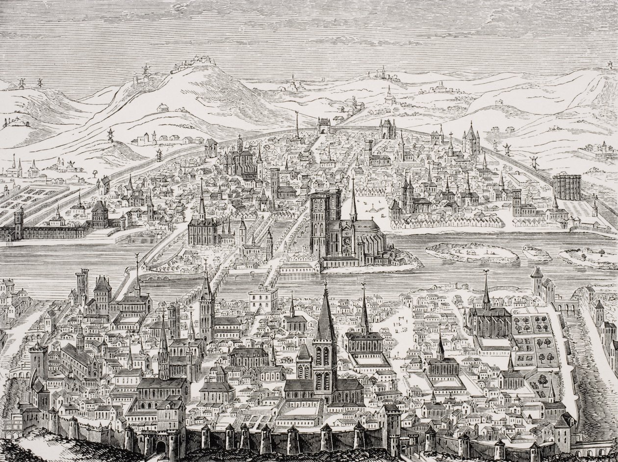 Perspectiva Vista de Paris, fac-símile de uma placa de cobre de Leonard Gaultier (1561-1641) 1607, de &39;Le Moyen Age et La Renaissance&39;, de Paul Lacroix (1806-84), publicada em 1847 de French School