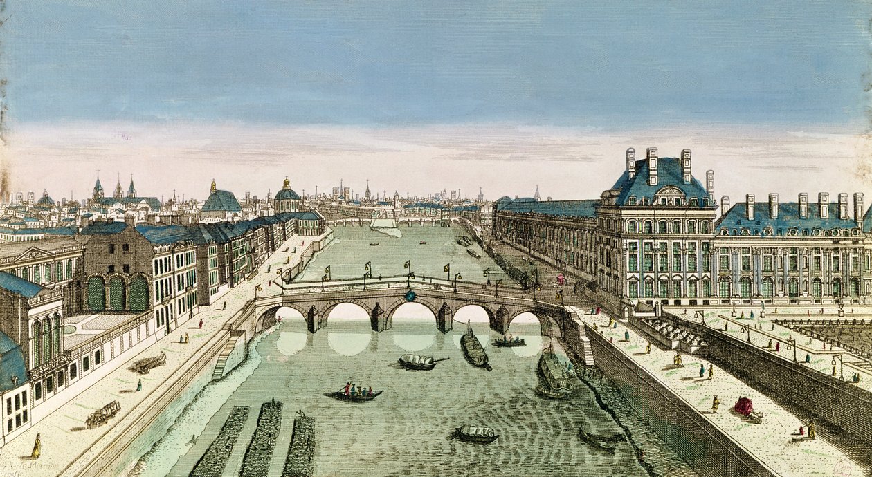 Vista em perspectiva de Paris da Pont Royal (gravura colorida) de French School