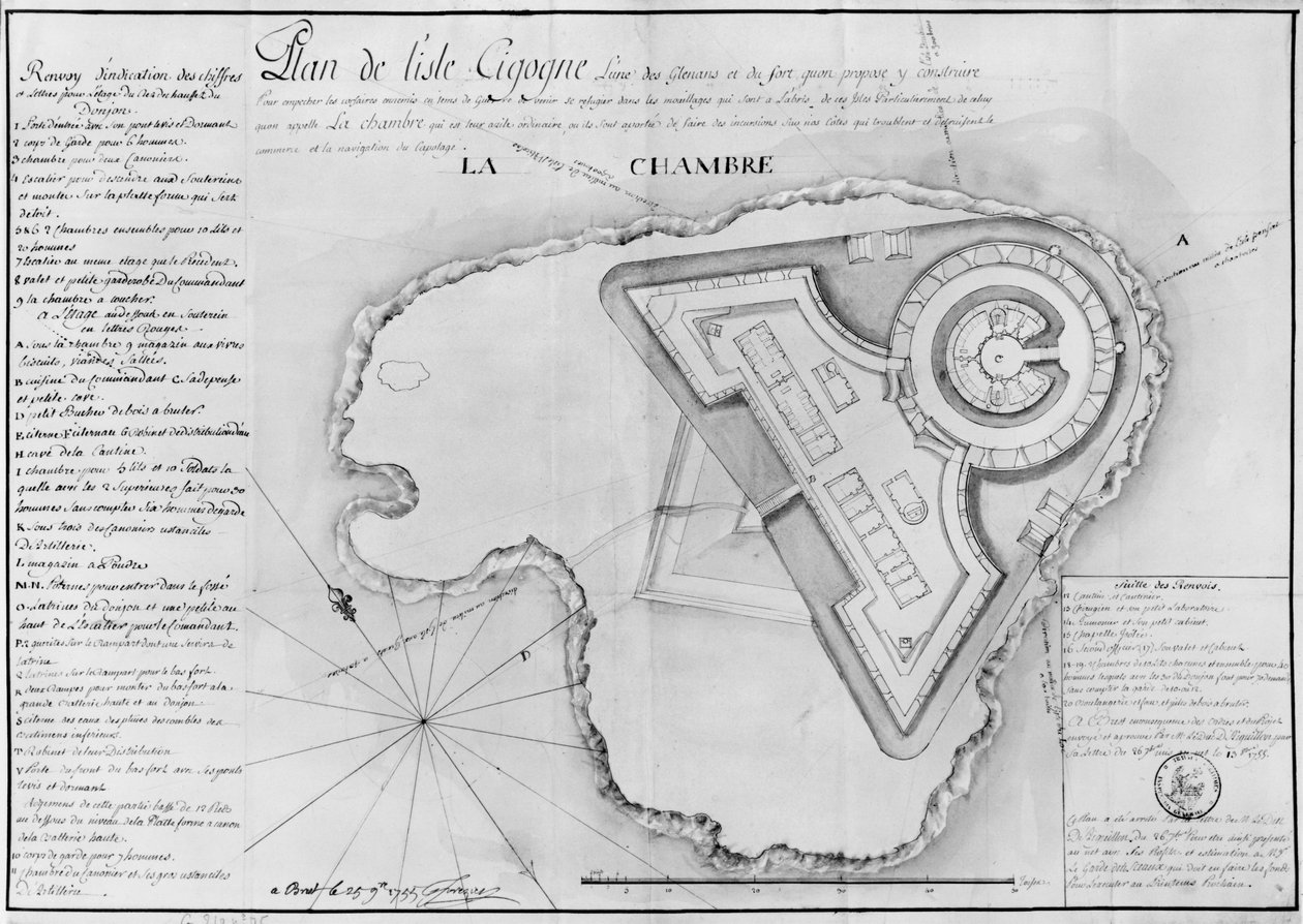 Plano da Ile Cigogne e o projeto de um forte, Archipel des Glenan, 1745 (lápis e wc no papel) de French School