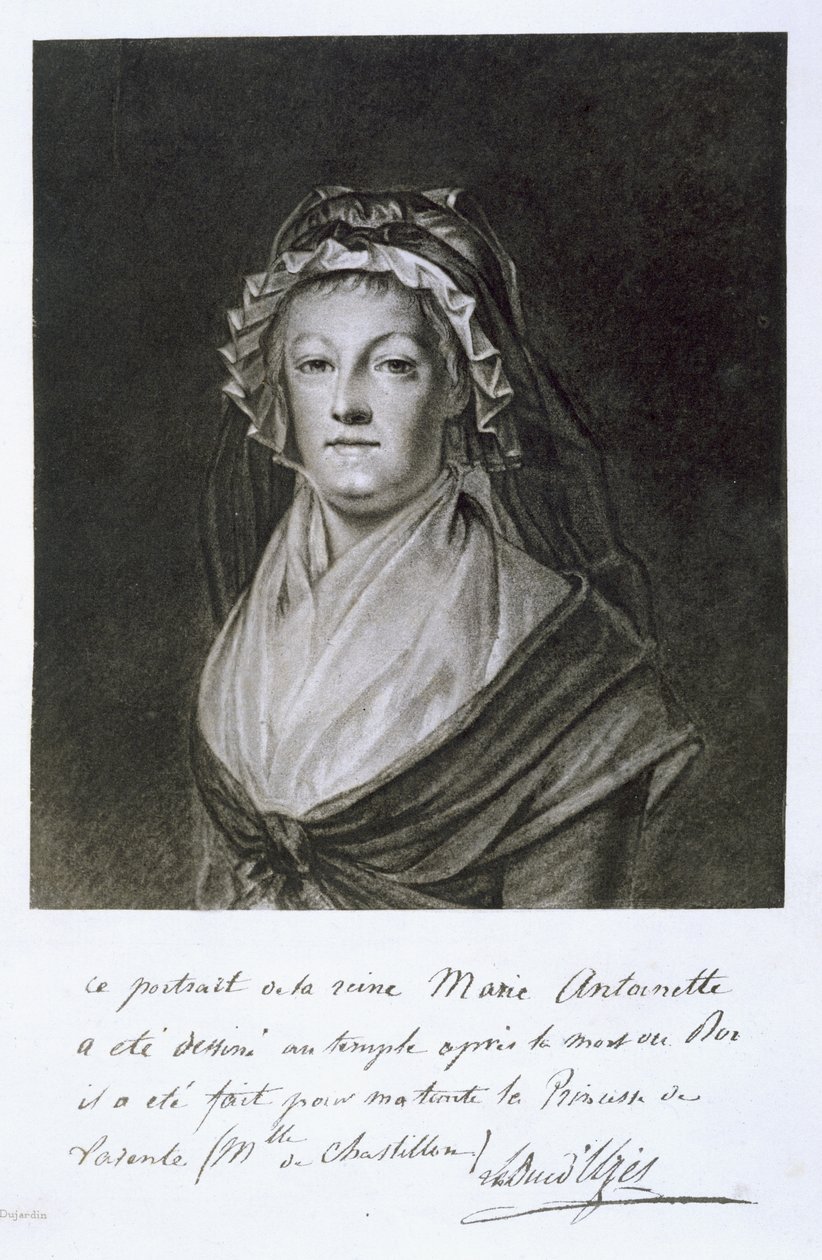 Retrato de Maria Antonieta no Templo da Prisão, gravado por Dujardin, de "Memórias da Revolução: Meus pais", de Carlos Duque de Tremoille, Paris, 1901 (Heliogravura) de French School