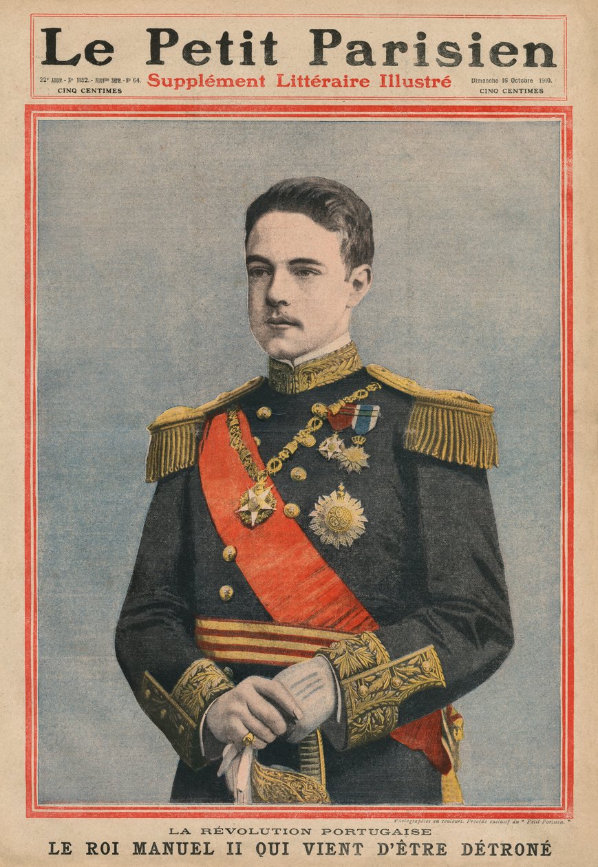 Revolução Portuguesa, Rei Manuel de Portugal acaba de ser destronado, ilustração da capa de &39;O Pequeno Parisiense&39;, Ilustre Suplemento Literário, 16 de outubro de 1910 (photolitho) de French School