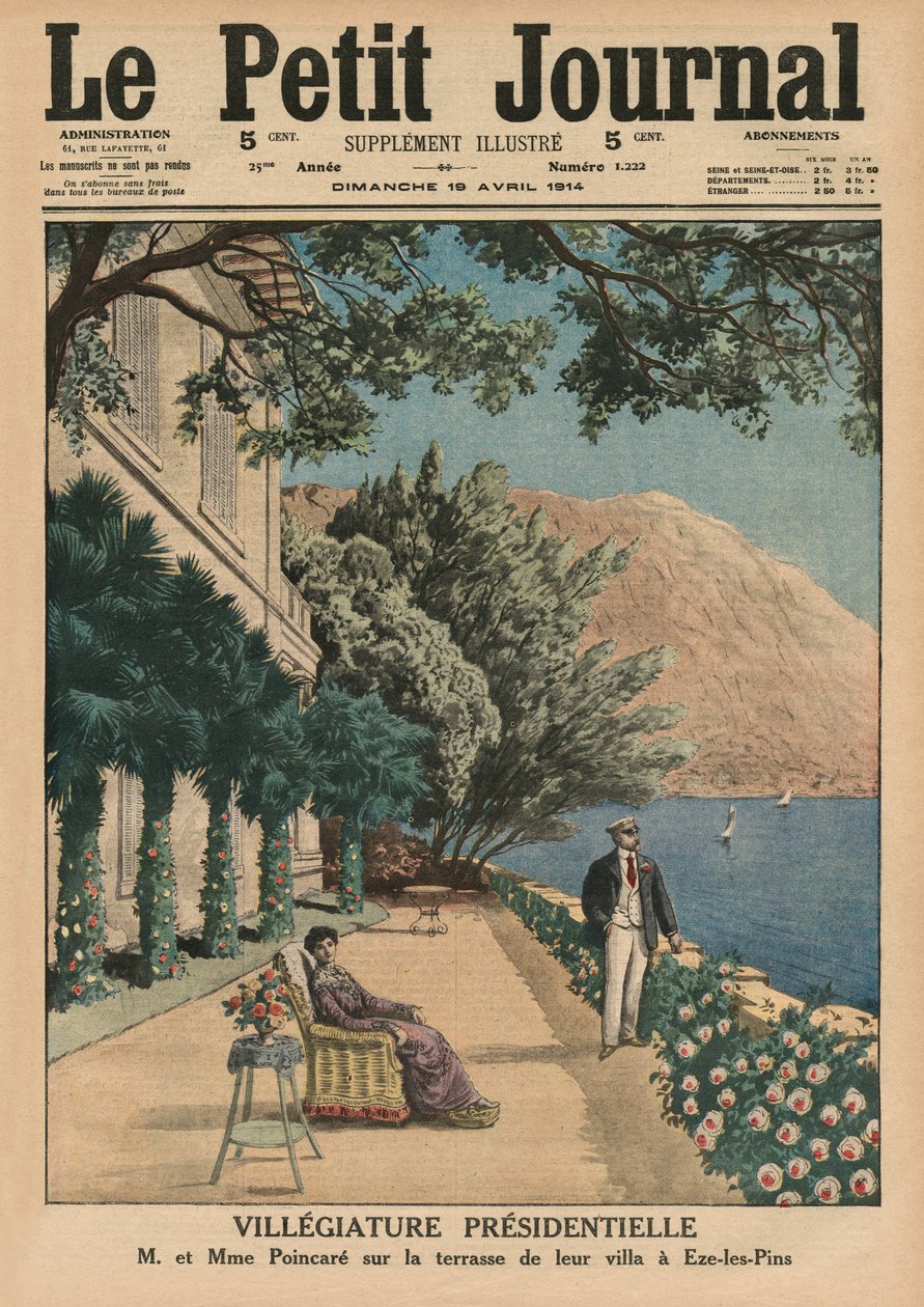 Feriado presidencial, Monsieur et Madame Poincaré no terraço de sua casa em Eze-les-Pins, ilustração da capa do &39;Le Petit Journal&39;, suplemento ilustre, 19 de abril de 1914 de French School