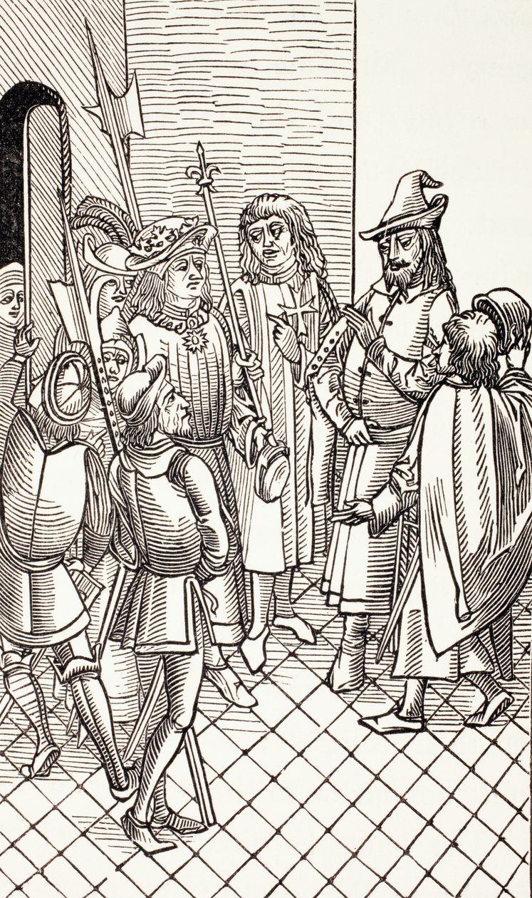 Príncipe Cem, pretendente ao trono otomano, é entregue a Carlos VIII, rei da França, de "A vida militar e religiosa na Idade Média" por Paul Lacroix, publicado em Londres, c.1880 de French School