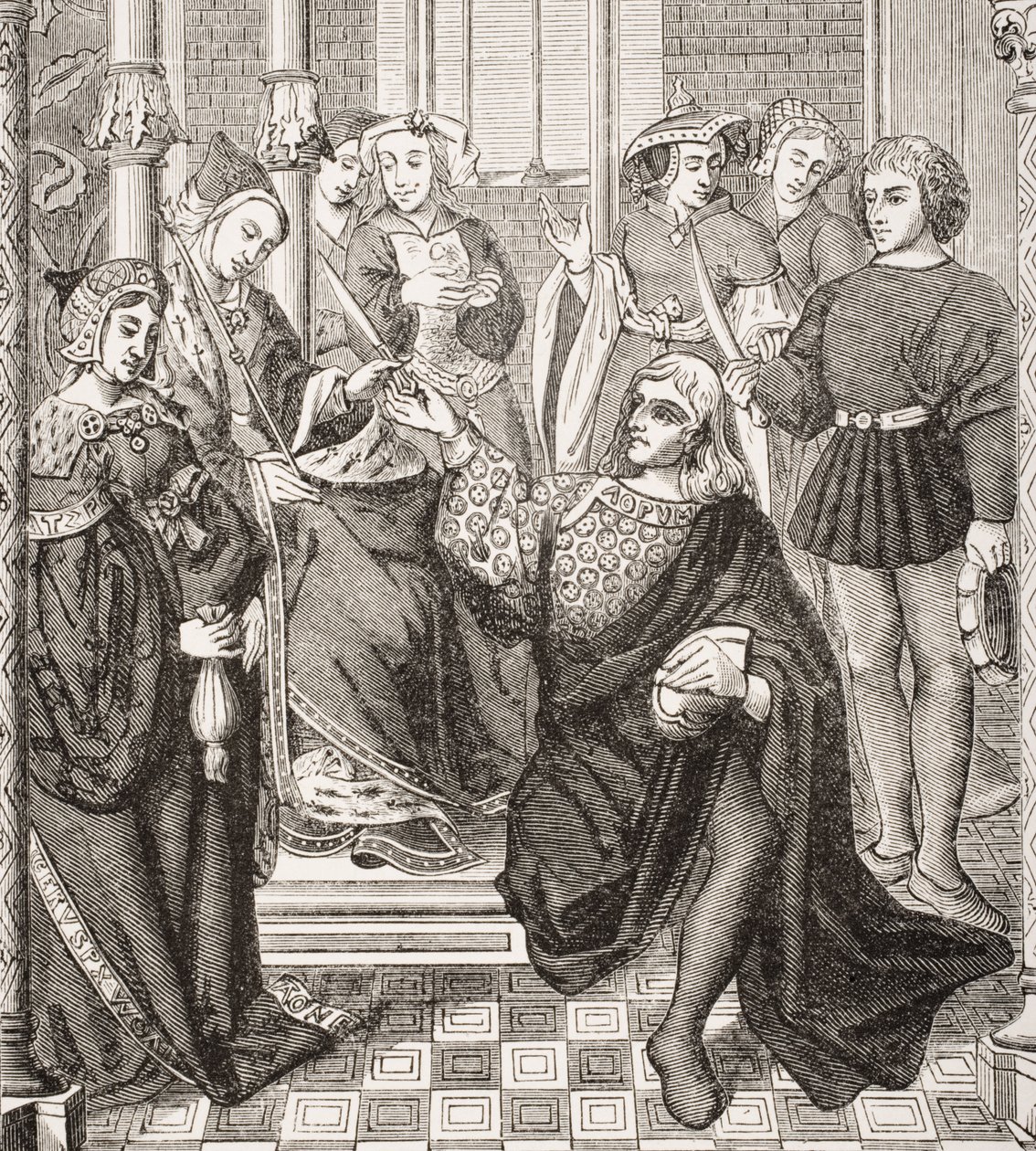 A rainha Fredegond dá ordens a dois homens de Terouanne para assassinar Sigbert, rei da Austrásia, de "Le Moyen Age et La Renaissance", de Paul Lacroix (1806-84), publicado em 1847 de French School