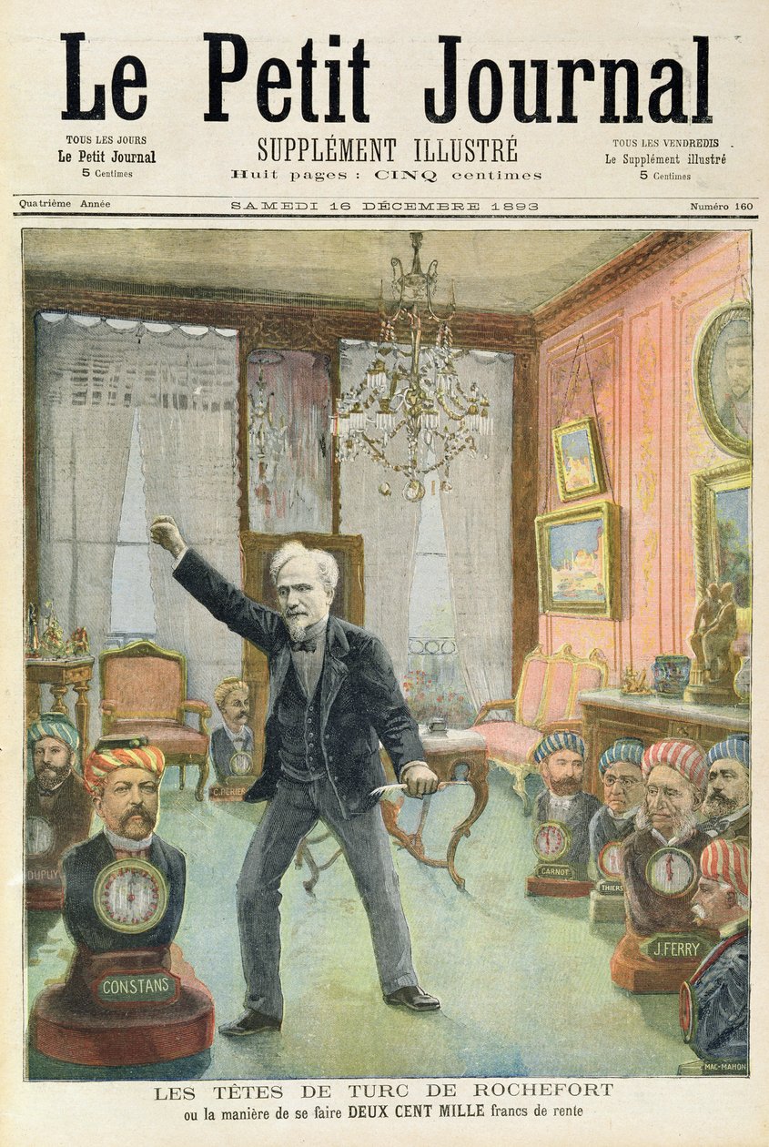 Os meninos chicoteando de Rochefort, ou como fazer duzentos mil francos, da primeira página do suplemento ilustrado de "Le Petit Journal", 16 de dezembro de 1893 (cor litho) de French School