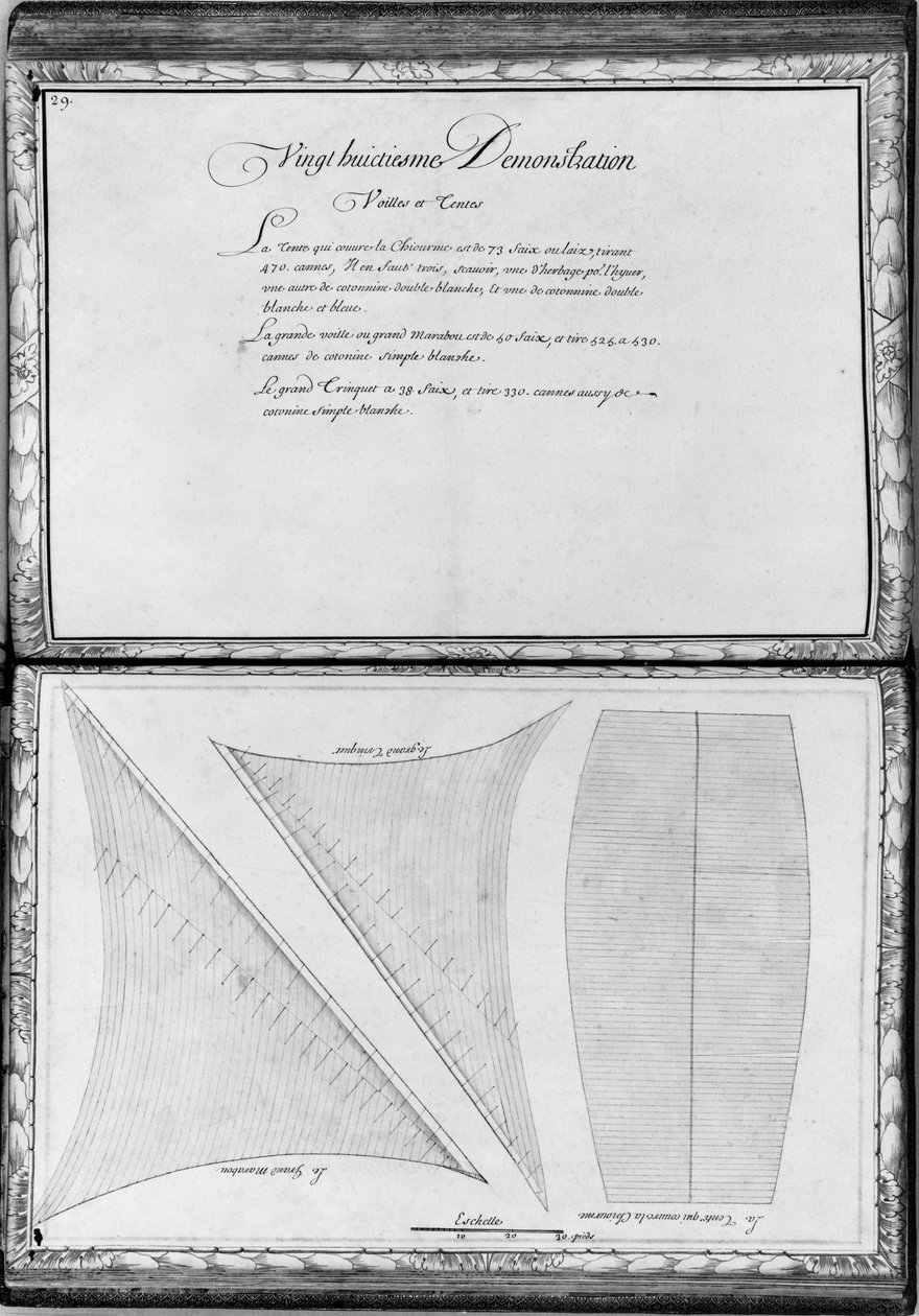 Velas de uma galera, vigésima oitava demonstração, placa 29, ilustração de &39;Demonstrações de todos os pedaços de madeira, cravo e ferremens que entram na construção de uma galera ...&39; (lápis e de French School