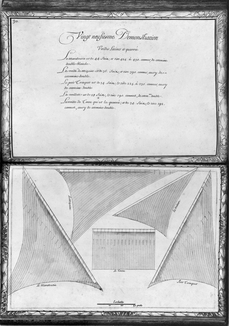 Velas de uma galera, vigésimo nono de demonstração, placa 30, ilustração de &39;Demonstrações de todos os pedaços de madeira, cravo e ferremens que entram na construção de uma galera ...&39; (lápis e de French School
